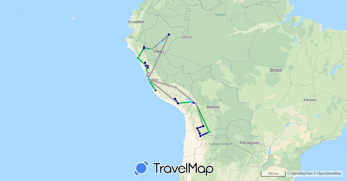 TravelMap itinerary: driving, bus, plane, boat, motorbike in Bolivia, Peru (South America)